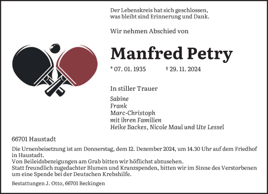 Traueranzeige von Manfred Petry von saarbruecker_zeitung