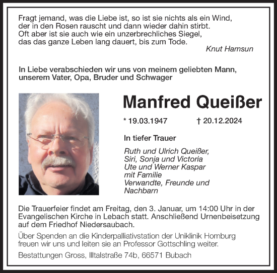 Traueranzeige von Manfred Queißer von saarbruecker_zeitung