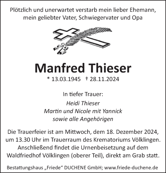 Traueranzeige von Manfred Thieser von saarbruecker_zeitung