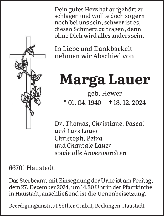 Traueranzeige von Marga Lauer von saarbruecker_zeitung