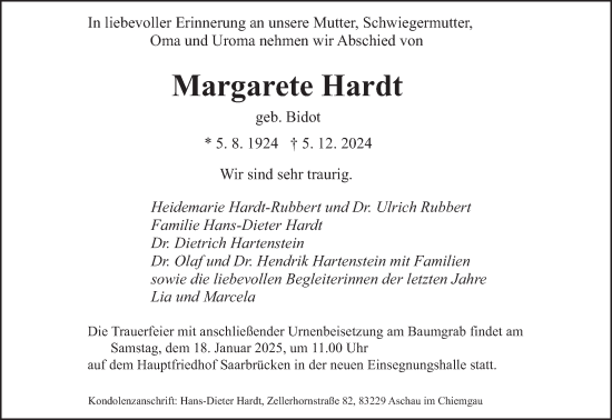 Traueranzeige von Margarete Hardt von saarbruecker_zeitung