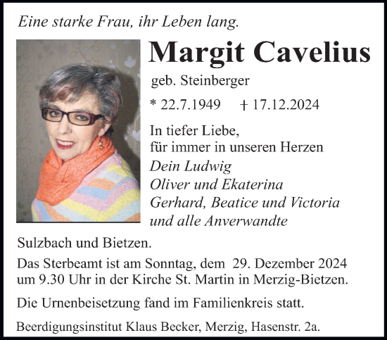 Traueranzeige von Margit Cavelius von saarbruecker_zeitung