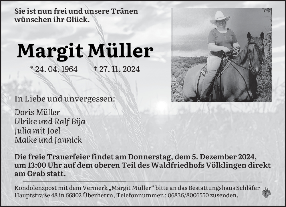  Traueranzeige für Margit Müller vom 30.11.2024 aus saarbruecker_zeitung