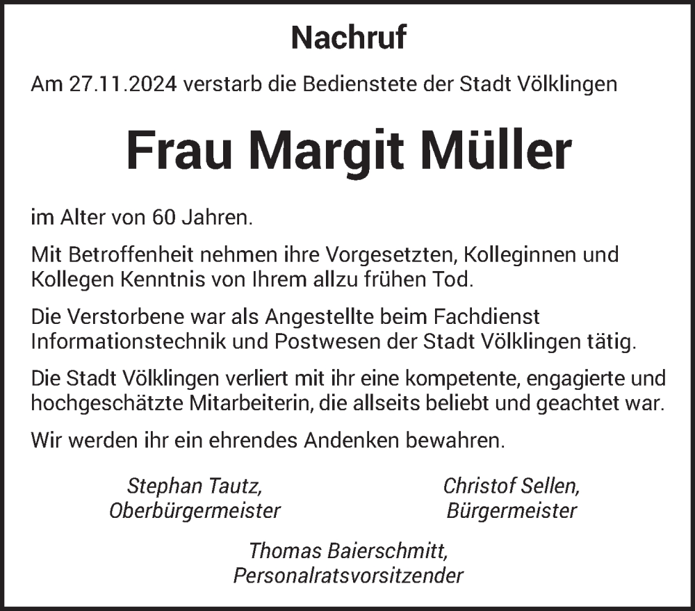  Traueranzeige für Margit Müller vom 30.11.2024 aus saarbruecker_zeitung