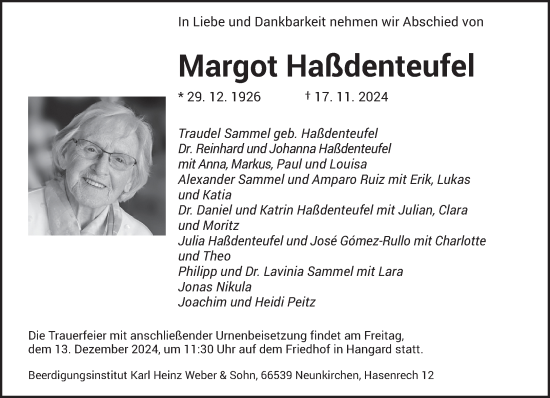 Traueranzeige von Margot Haßdenteufel von saarbruecker_zeitung