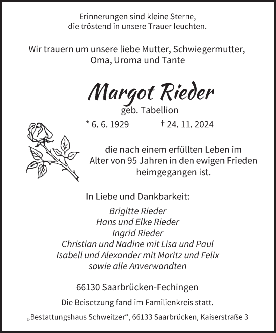 Traueranzeige von Margot Rieder von saarbruecker_zeitung