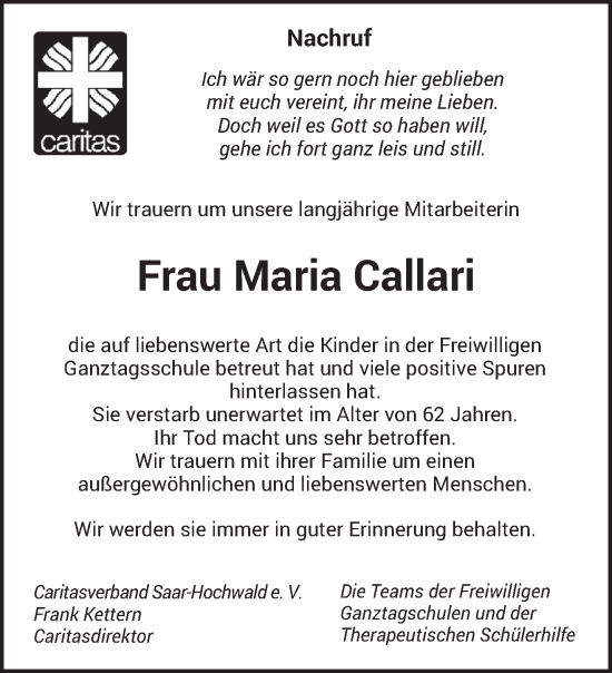 Traueranzeige von Maria Callari von saarbruecker_zeitung