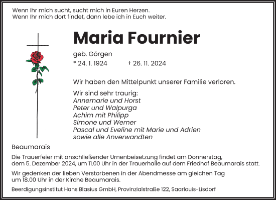 Traueranzeige von Maria Fournier von saarbruecker_zeitung