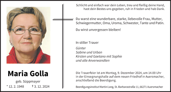 Traueranzeige von Maria Golla von saarbruecker_zeitung