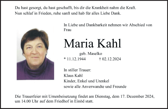 Traueranzeige von Maria Kahl von saarbruecker_zeitung