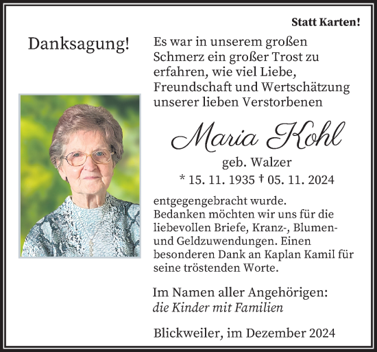 Traueranzeige von Maria Kohl von saarbruecker_zeitung