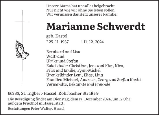 Traueranzeige von Marianne Schwerdt von saarbruecker_zeitung