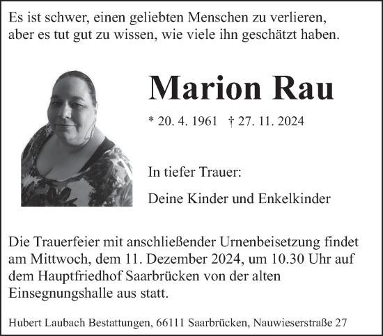 Traueranzeige von Marion Rau von saarbruecker_zeitung