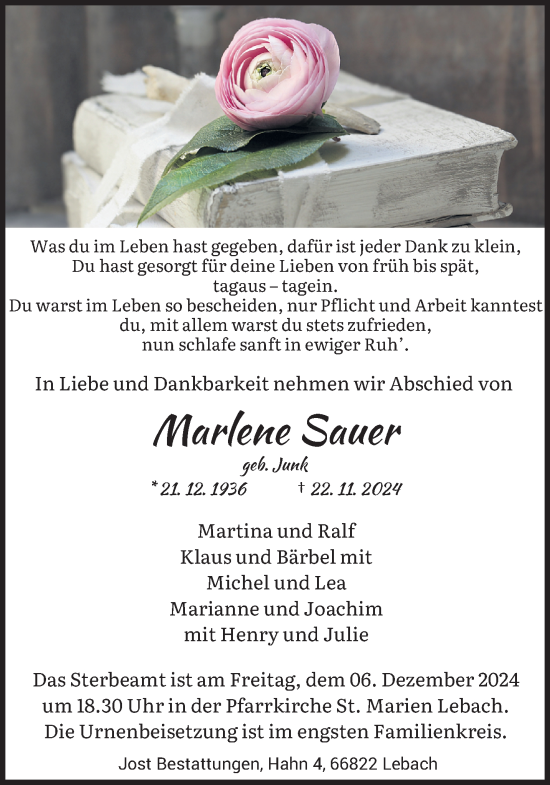 Traueranzeige von Marlene Sauer von saarbruecker_zeitung