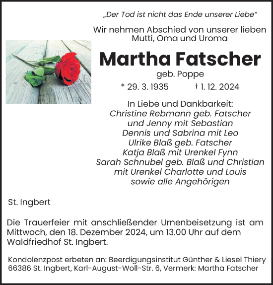 Traueranzeige von Martha Fatscher von saarbruecker_zeitung