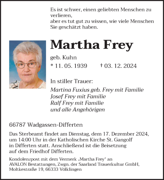 Traueranzeige von Martha Frey von saarbruecker_zeitung