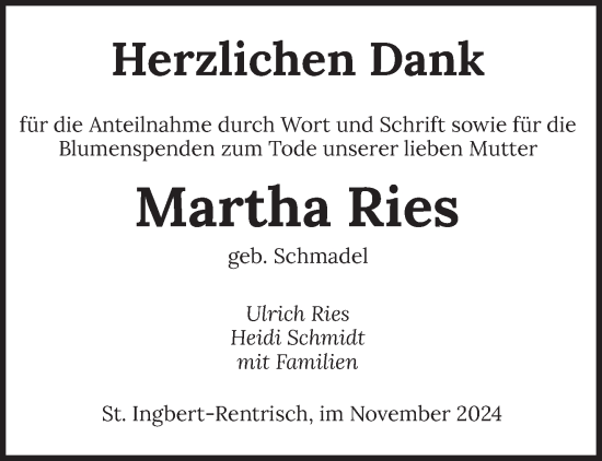 Traueranzeige von Martha Ries von saarbruecker_zeitung