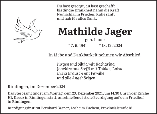 Traueranzeige von Mathilde Jager von saarbruecker_zeitung