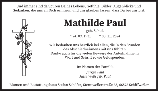 Traueranzeige von Mathilde Paul von saarbruecker_zeitung