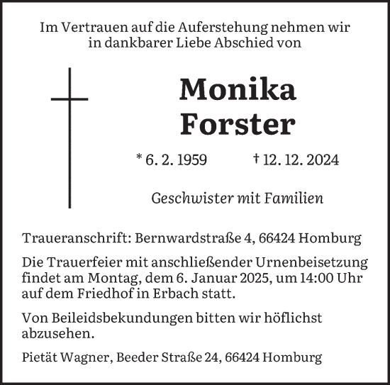 Traueranzeige von Monika Forster von saarbruecker_zeitung