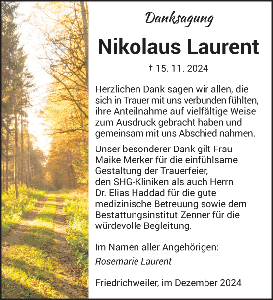 Traueranzeige von Nikolaus Laurent von saarbruecker_zeitung