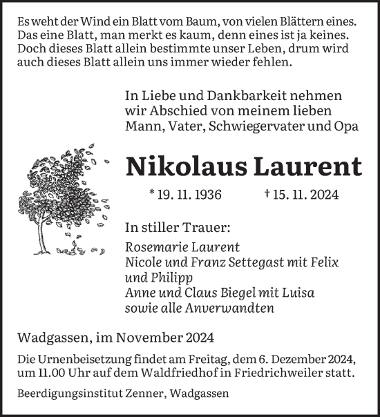 Traueranzeige von Nikolaus Laurent von saarbruecker_zeitung