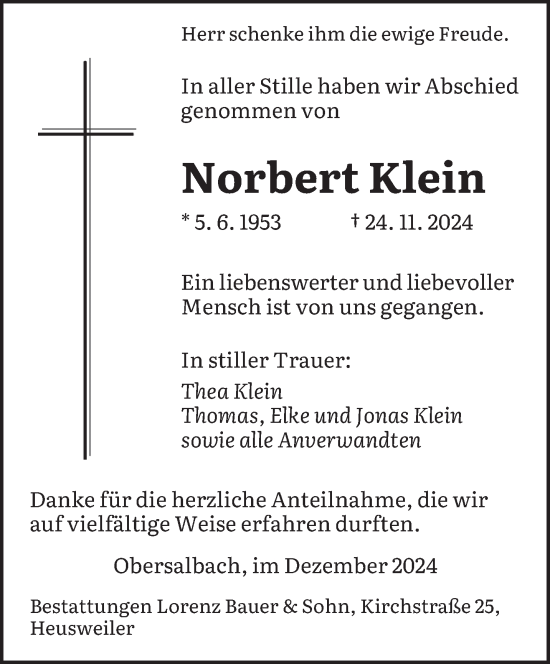 Traueranzeige von Norbert Klein von saarbruecker_zeitung