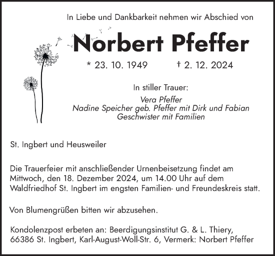 Traueranzeige von Norbert Pfeffer von saarbruecker_zeitung