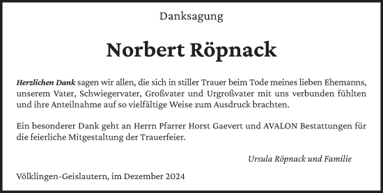 Traueranzeige von Norbert Röpnack von saarbruecker_zeitung