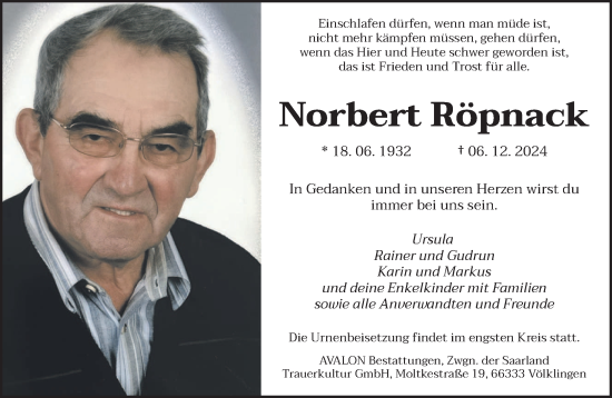 Traueranzeige von Norbert Röpnack von saarbruecker_zeitung