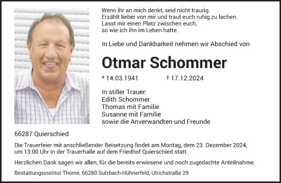 Traueranzeige von Otmar Schommer von saarbruecker_zeitung