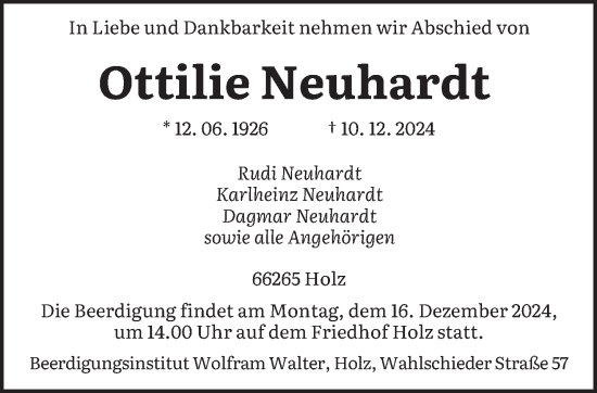 Traueranzeige von Ottilie Neuhardt von saarbruecker_zeitung