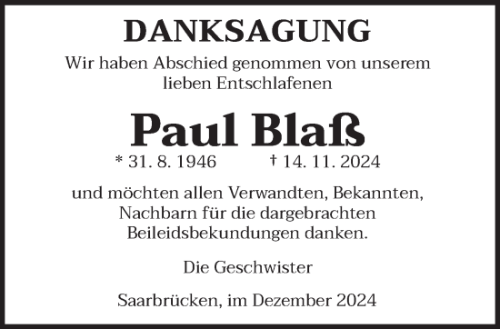 Traueranzeige von Paul Blaß von saarbruecker_zeitung