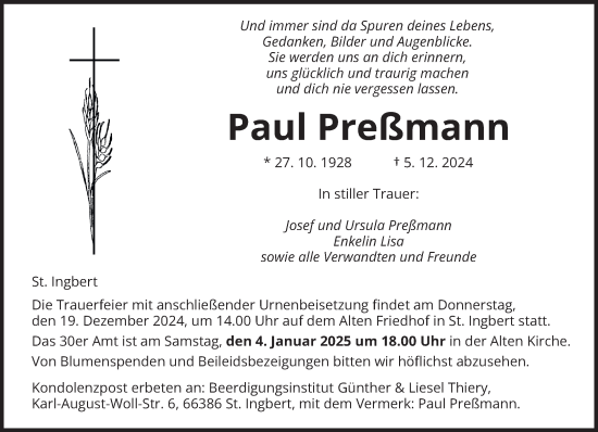 Traueranzeige von Paul Preßmann von saarbruecker_zeitung