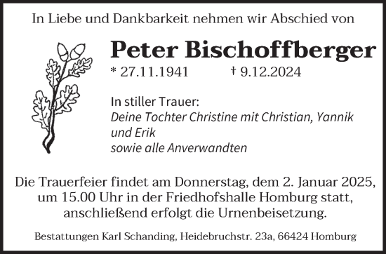 Traueranzeige von Peter Bischoffberger von saarbruecker_zeitung