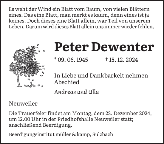 Traueranzeige von Peter Dewenter von saarbruecker_zeitung