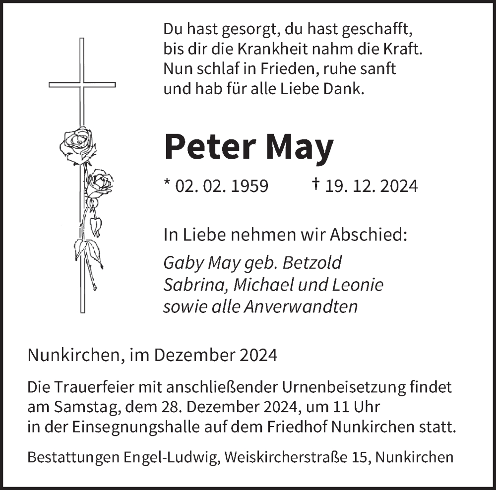  Traueranzeige für Peter May vom 24.12.2024 aus saarbruecker_zeitung