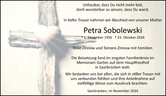 Traueranzeige von Petra Sobolewski von saarbruecker_zeitung