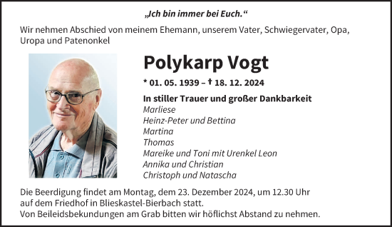 Traueranzeige von Polykarp Vogt von saarbruecker_zeitung