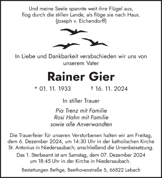 Traueranzeige von Rainer Gier von saarbruecker_zeitung