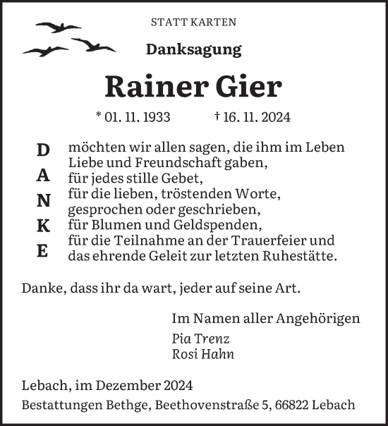 Traueranzeige von Rainer Gier von saarbruecker_zeitung