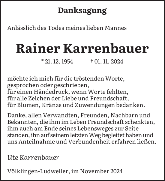 Traueranzeige von Rainer Karrenbauer von saarbruecker_zeitung