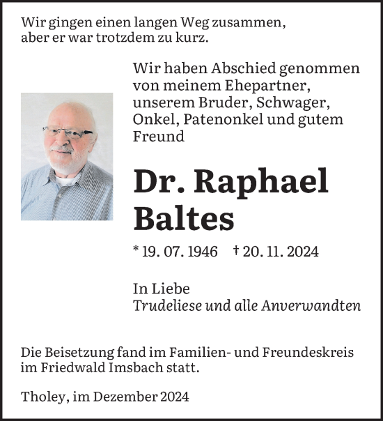 Traueranzeige von Raphael Baltes von saarbruecker_zeitung