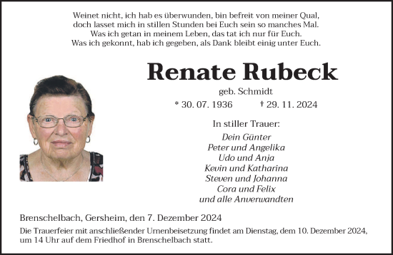 Traueranzeige von Renate Rubeck von saarbruecker_zeitung