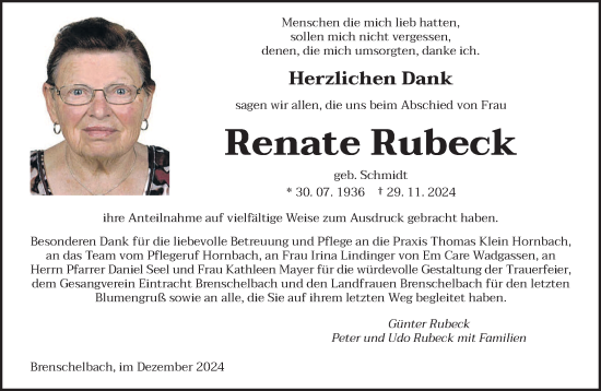 Traueranzeige von Renate Rubeck von saarbruecker_zeitung