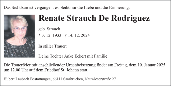 Traueranzeige von Renate  Strauch De Rodriguez von saarbruecker_zeitung