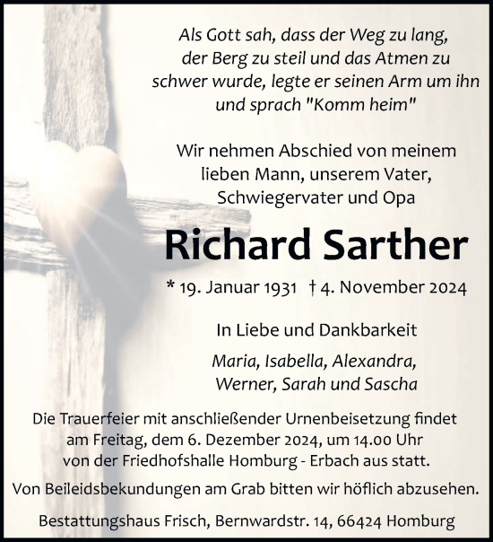 Traueranzeige von Richard Sarther von saarbruecker_zeitung