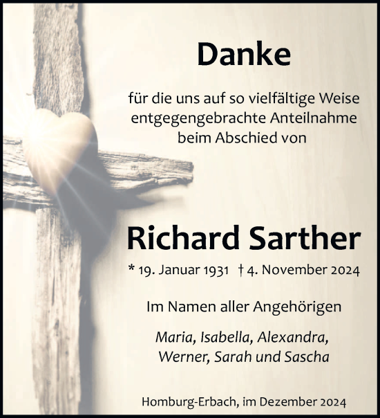 Traueranzeige von Richard Sarther von saarbruecker_zeitung