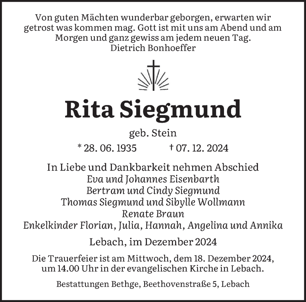  Traueranzeige für Rita Siegmund vom 14.12.2024 aus saarbruecker_zeitung