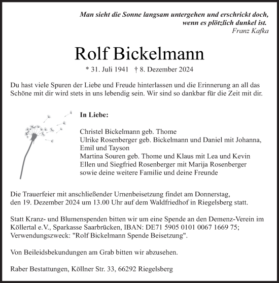 Traueranzeige von Rolf Bickelmann von saarbruecker_zeitung